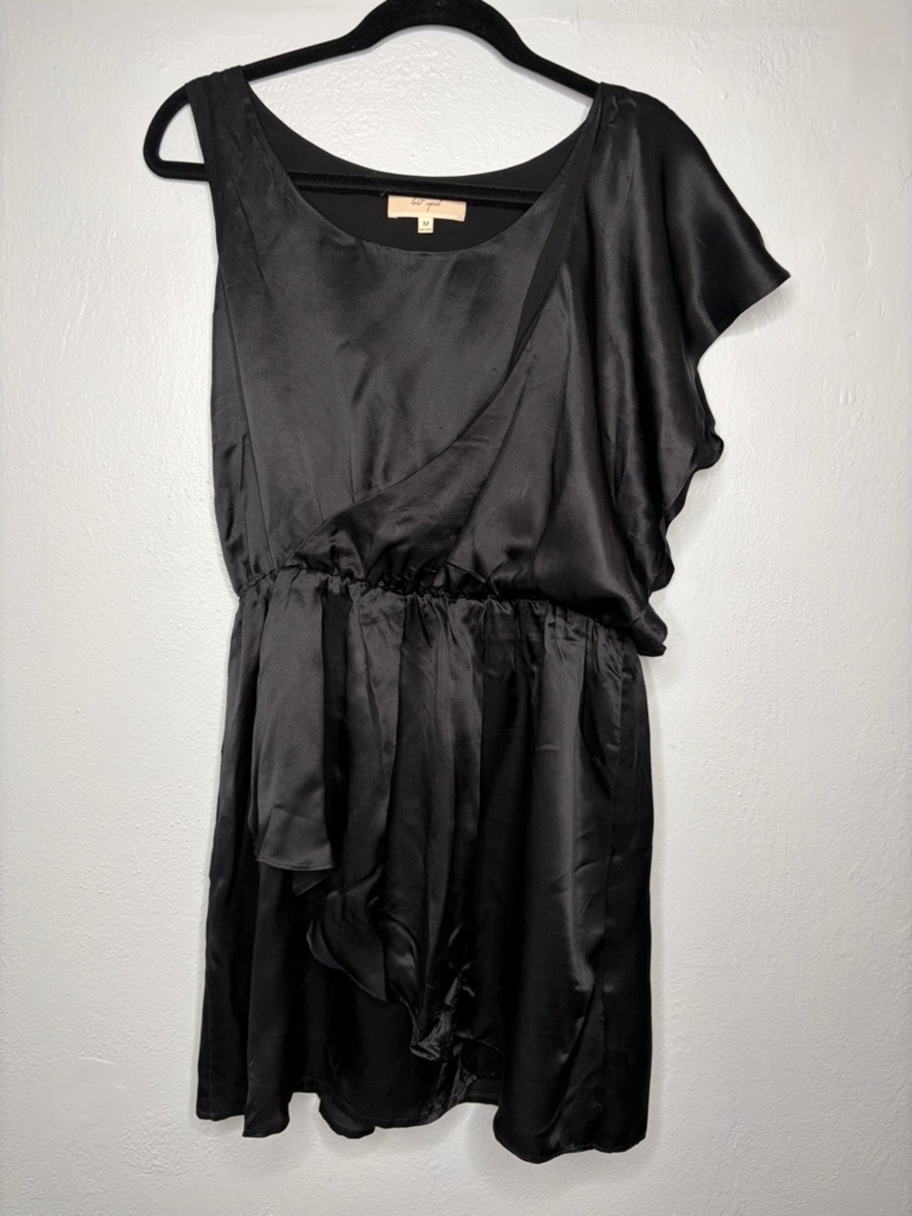 Lost April Anthropologie Black Silk Minidress one shoulder ruffle elastic waist